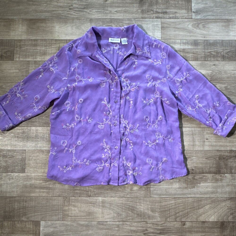 Apparenza Crinkle Sheer Chiffon Blouse 1X Embroidered Vintage Boho Peasant Indie